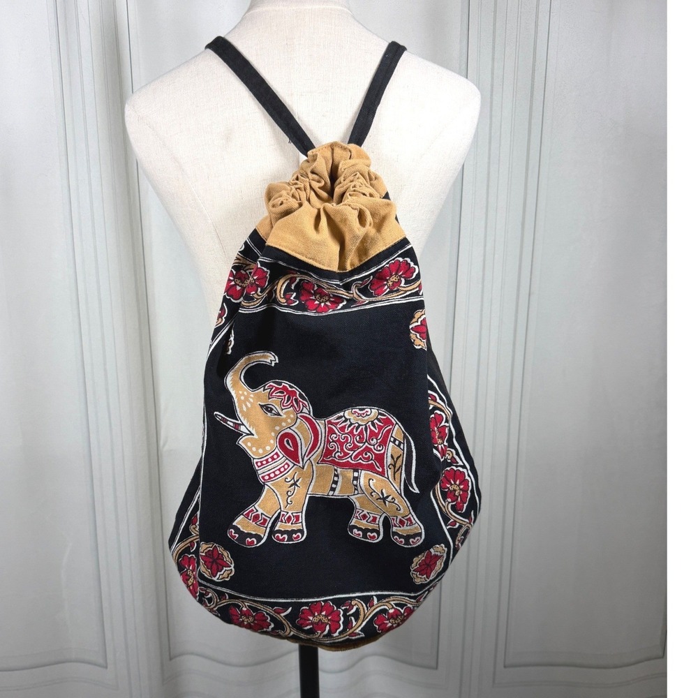 Elephant Trunk Up Drawstring Backpack Cinch Bag 100% Cotton Canvas Boho India